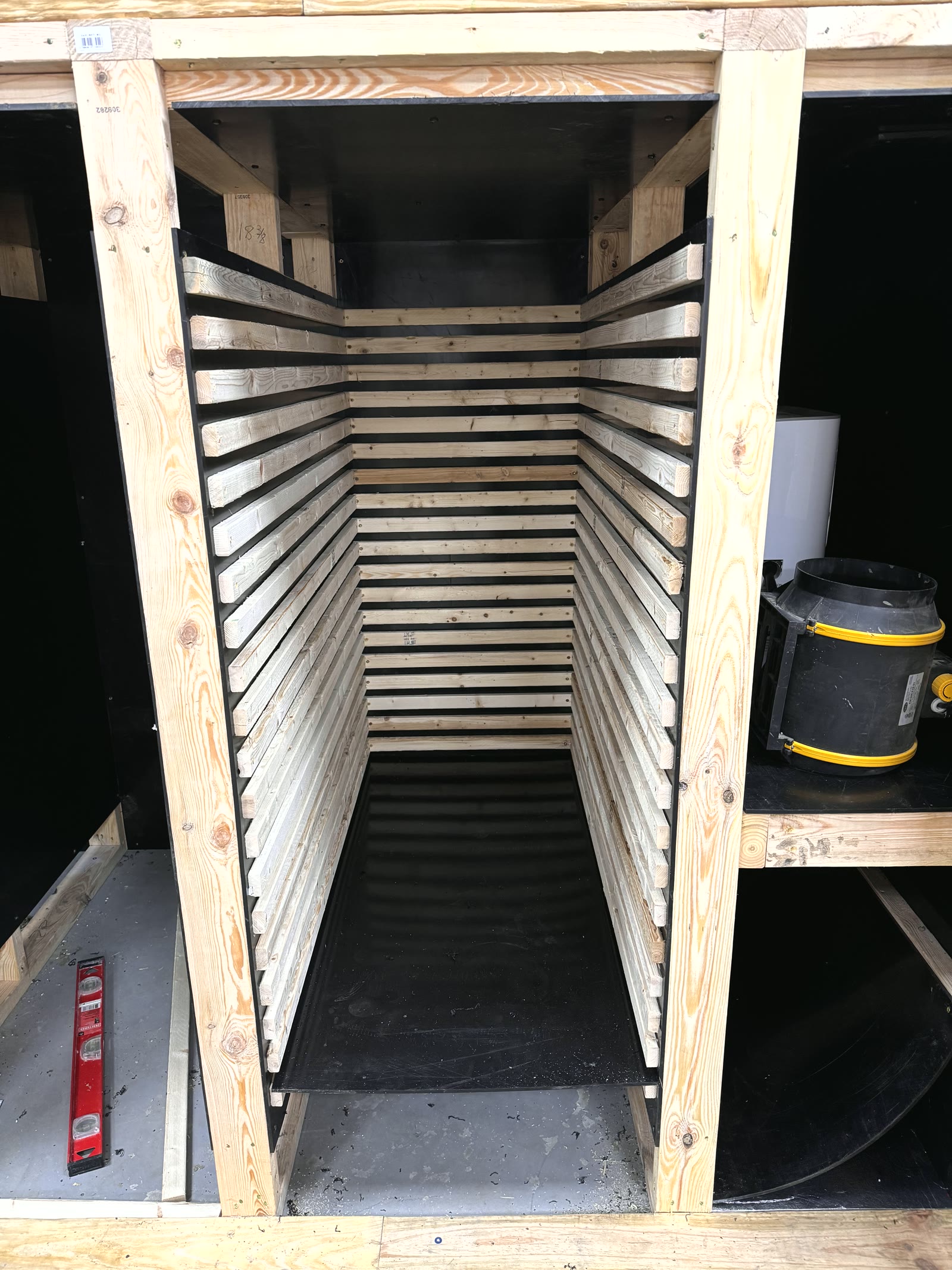 The custom-built Carolina Cordys dryer — slatted shelves, slow airflow